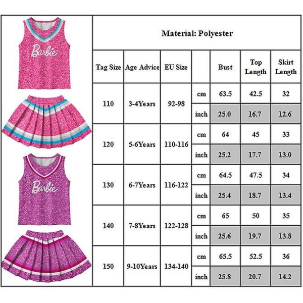 Halloween Lapset Tytöt Barbie Cheerleader Cosplay -asu Topit laskostetut hameet yhtenäinen set Rose Red 9-10 Years