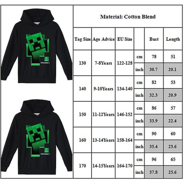 Børn Drenge Minecraft Printed Hættetrøjer Creeper Hættetrøje Toppe Black 13-14 Years