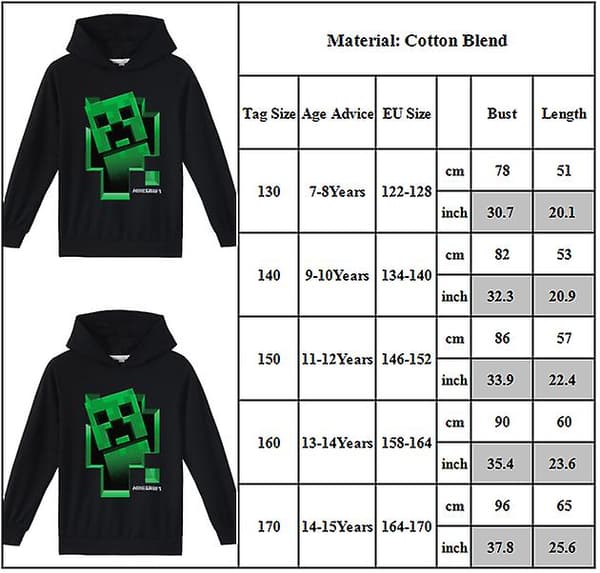 Minecraft Hoodies for Gutter for Gutter med Creeper-trykk Black 9-10 Years
