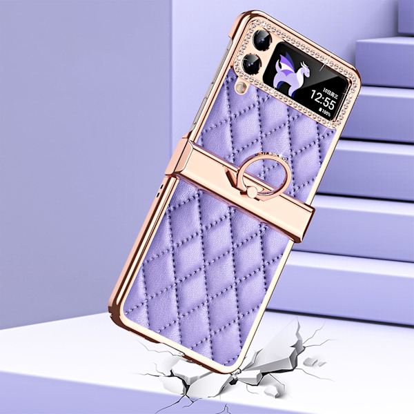 Kiiltävä timanttikuvioinen kotelo Samsung Galaxy Z Flip 4:lle, PU-nahkainen kotelo saranasuojalla ja renkaalla Purple For Galaxy Z Flip 4