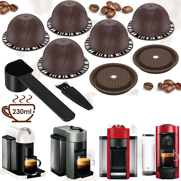 5 st återanvändbara Vertuo-kapslar för maskin, kaffekapsel med 2 silikonlock, 1 sked och borste, (150 ml)