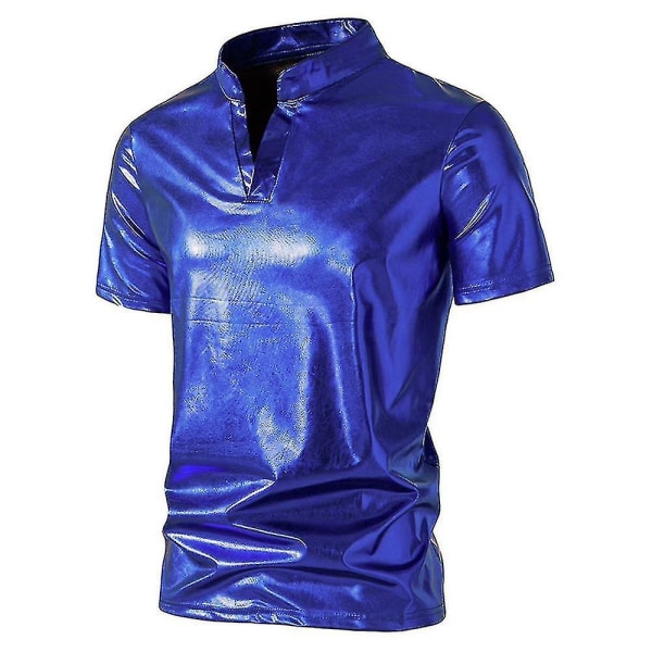 Mænd V-hals Sparkle Kortærmede skinnende poloshirts 70'er 80'er Disco Fest Casual T-shirts T-shirts Blue S