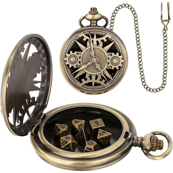 Mini DND Terningesæt med Steampunk Bronze Hul Etui til Lommeur, 7 stk. Polyhedral Metal Terningesæt, Dungeons and Dragons Gaver