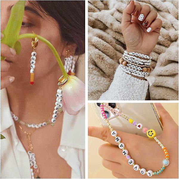 1400 alfabetpärlor, 4x7 mm akryl Vita runda pärlor, A-z hjärtpärlor och elastisk sträng för smycken Armband Gör själv hantverk