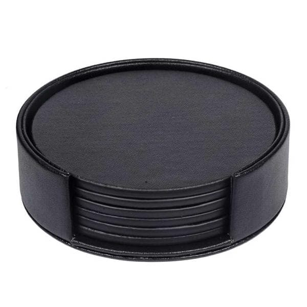 6-pak vendbare coasters i sort PU-læder med holder sort