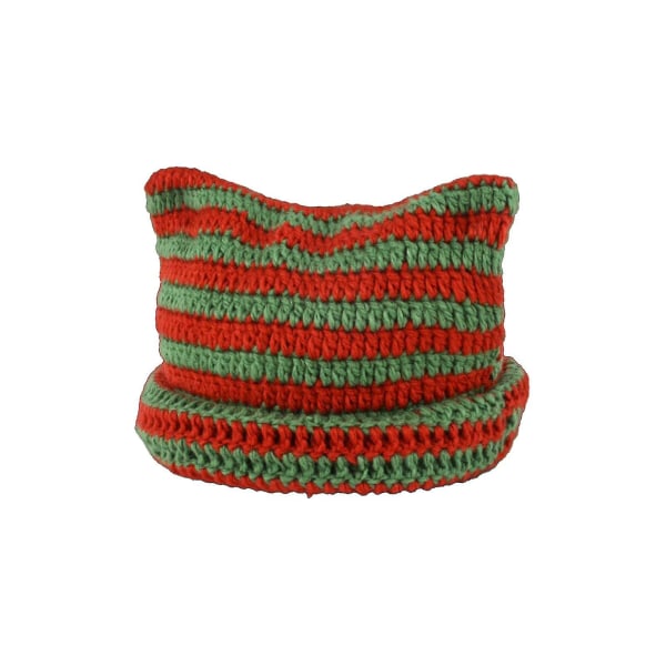 Hæklet Cat Beanie til kvinder - Vintage Grunge Accessories Slouchy Hat -xx Red Green