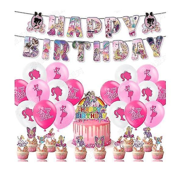 Barbie festpynt, lyserøde pigeballoner Fødselsdagsfestartikler, Barbie fødselsdagsfest dekoration Banner kage topper ballon