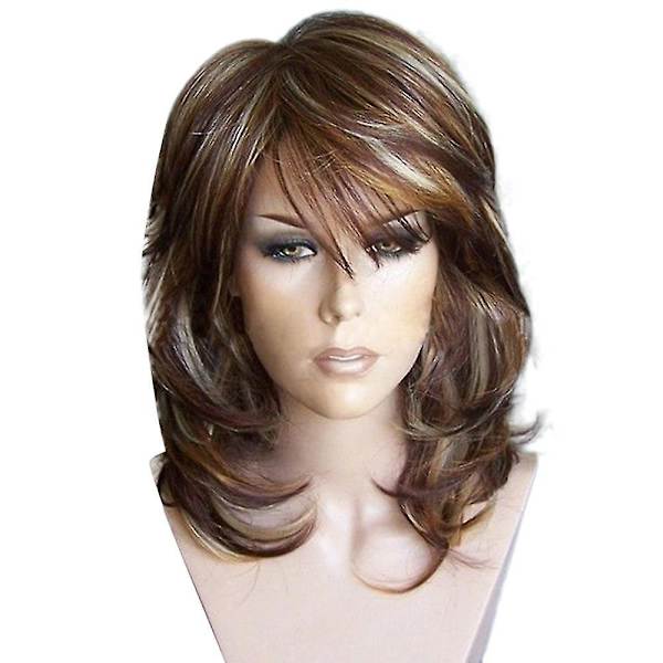 Wig Salg Medium Side Bang Markert Lagdelt Lett Krøllet Syntetisk Parykk