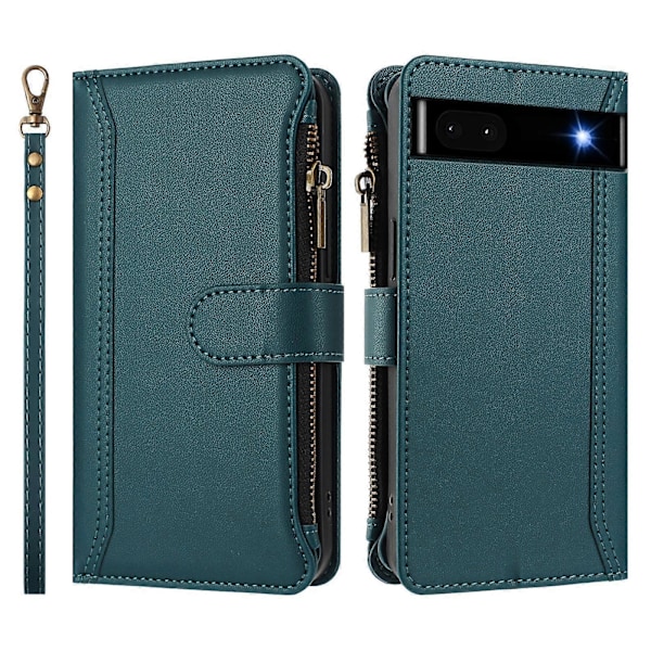 Magnetisk Stängning 9 Kortplatser Dragkedja Läderfodral med Handrem Dark Green For Google Pixel 6a