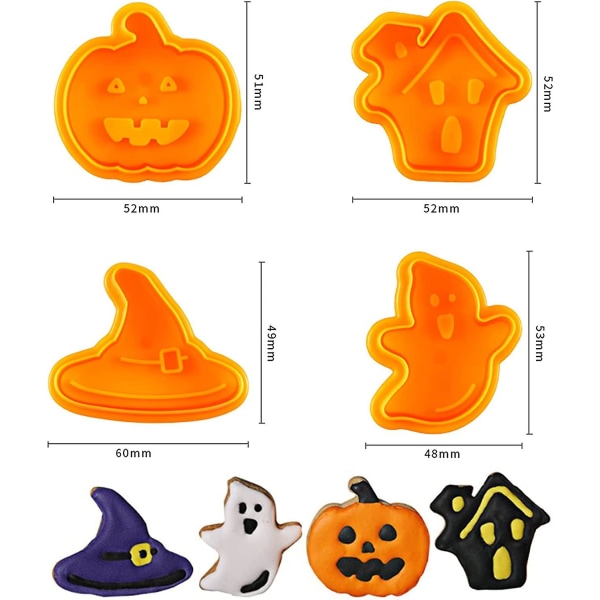 4-delers Halloween-kjekskjærersett - Håndtrykk-kakeform i plast med utkaster - Perfekt for kakedekorasjon, fondant, kjeks og bakverk