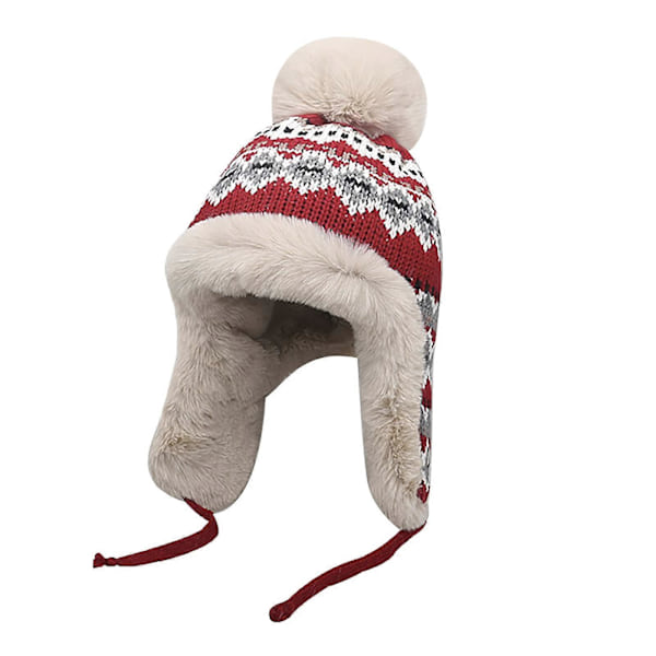 Dam Vinterstickad Mössa Öronlappar Varm Fleecefodrad Skull Caps Öronmuff Snömössor, röd