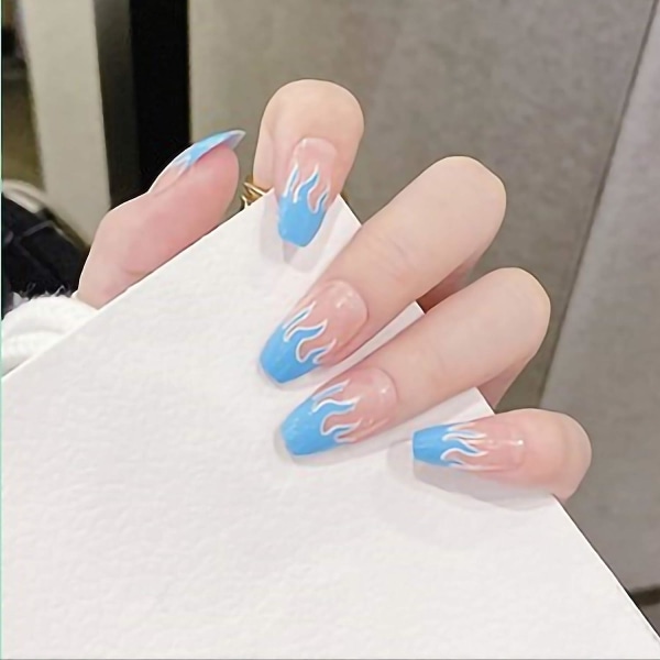 24 kpl Press On tekokynsiä Liekki Arkku Neliö Akryyli Fake Nails Fire Liima Sormenetanoihin Naisten Tytöille Tee itse manikyyrisalonki, vaaleanpunainen-valkoinen baby blue