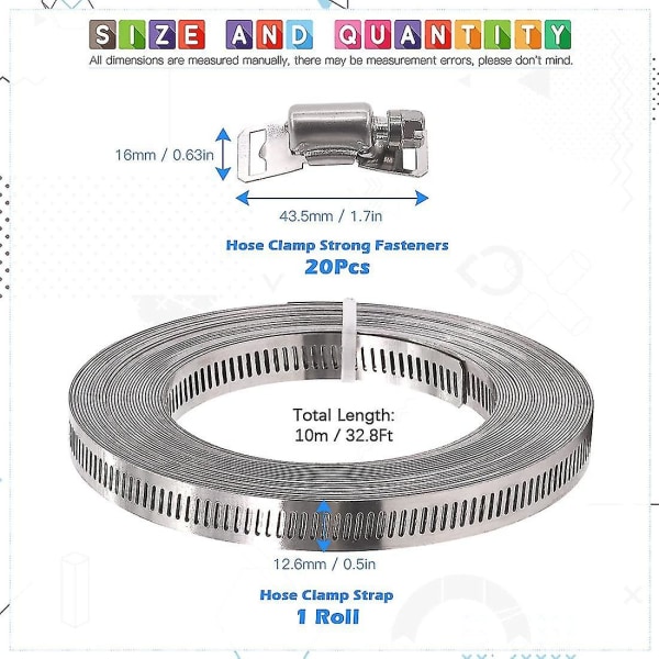 21 stk 33 fod lang snekkegearslangeklemme med fastgørelseselementer, 304 rustfrit stål, stor justerbar