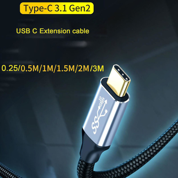 USB C -jatkokaapeli Pd100w Gen2 Type C 3.1 uros-naaras-jatkokaapeli 0.25m