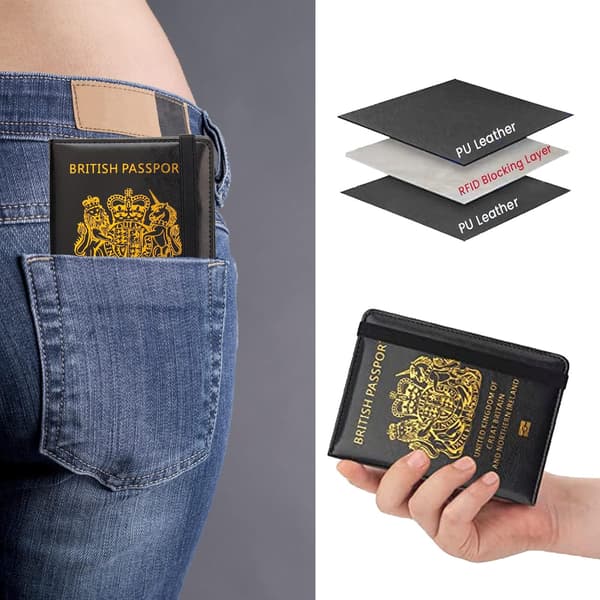 Britisk Pasindehaver med Elastikrem, Pasfoderal med RFID-blokering, Kreditkort (Sort)