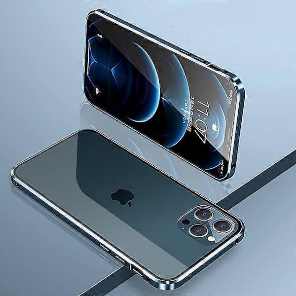 Magnetisk etui til iPhone 13 12 11 Pro Max X XS XR 8 7 Plus dobbeltsidet beskyttelsesetui i hærdet glas Blue iPhone X XS