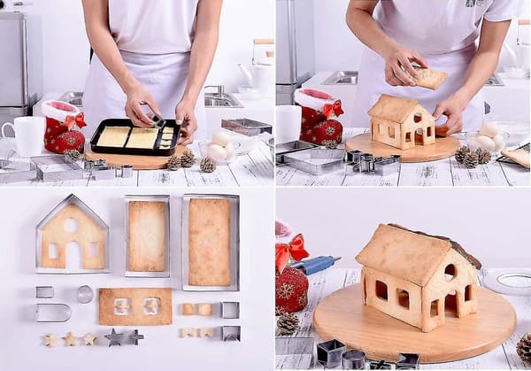 Vacker Gåva 3D Pepparkakshus Kakform Set Färg Presentförpackning Rostfritt Stål 10st Kakformar Kit