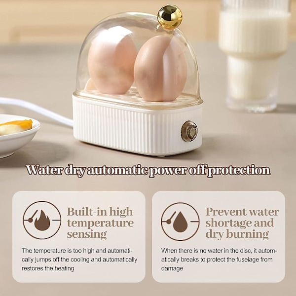 Eggkoker for 2 egg, Kompakt elektrisk eggdamper, Beste eggkoker koker alle tre kokegrader - Bløt, Medium, Hard White