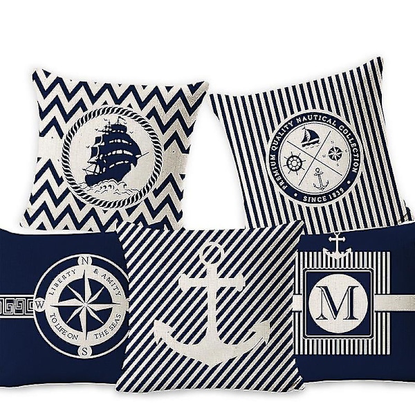 Farverig Ocean Series Sejlbåd Anker Design Puder Linned Bomuld Etui Blødt Sengetøj Pudebetræk Til Sofa 45 X 45 Cm5pcs-blå (ekskl. pillo