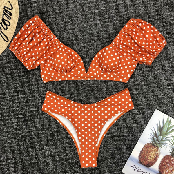 Prickig bikini dam - sexig tvådelad sæt med puffärmar Orange M