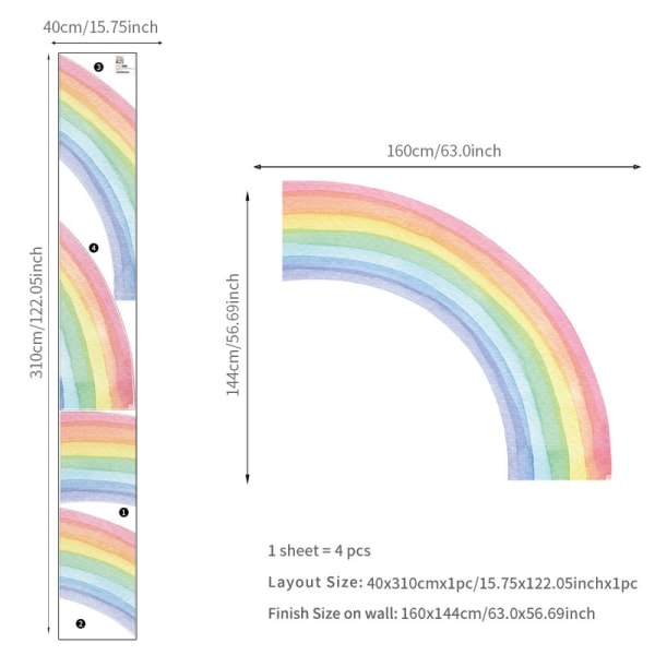 Stora väggdekaler i akvarellregnbåge, Boho Rainbow väggdekal L