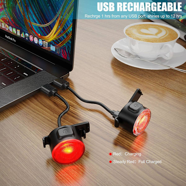 GarhrStore LED-pyöränvalo, USB ladattavat etu- ja takavalot, IPX4 vedenpitävä LED-pyöränvalo, 6 kirkkaustilaa, sopii kaikkiin pyöriin ja kaikille