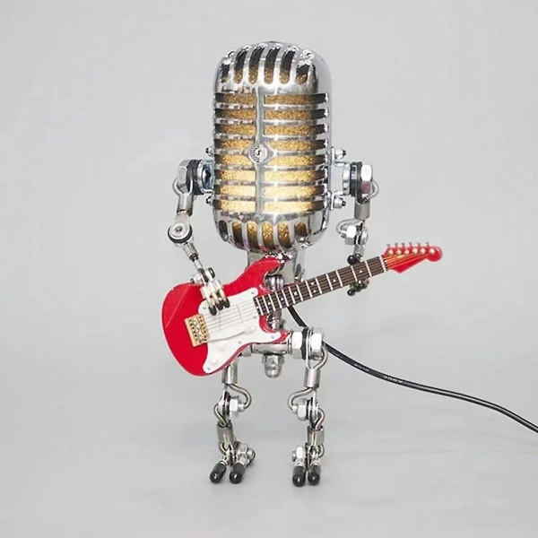 Vintage mikrofon robot skrivebordslampe med LED, metall mikrofon robot lampe med mini gitar touch dimmer lampe, for soverom, stue, kontor new white