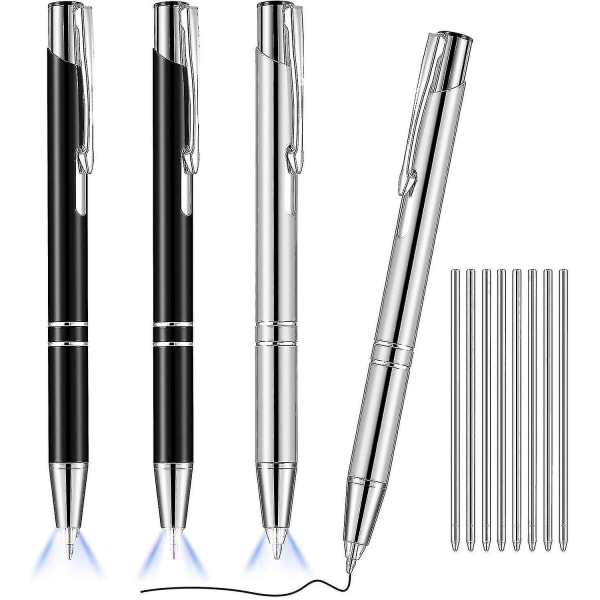4 stykker lysende spiss penn metall kulepenn med lysende led opplyst penn svart inn