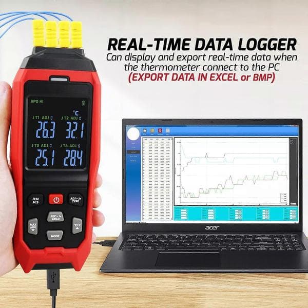 Digital K/J Datalogger 4-kanals termoelementtermometer med realtidsdataloggning