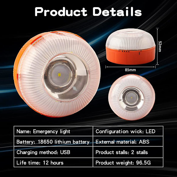 Nødlampe V16 Nødlys Frittstående LED Varsellys USB Oppladbar M/magnet