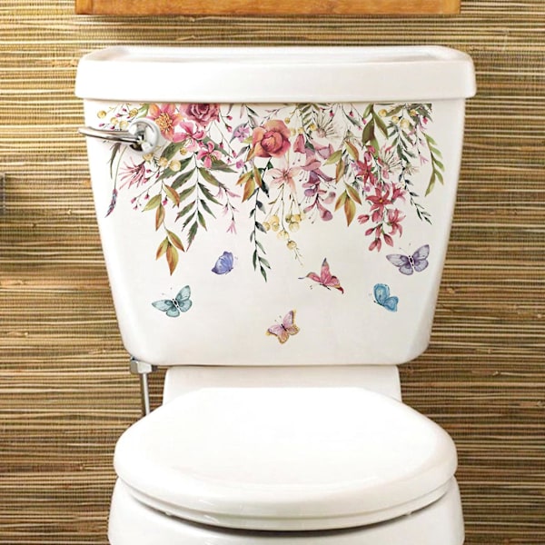 WC-tarra, pitkäkestoinen, elävä värinen kukka-perhoskuvio, seinätarra kodin kylpyhuoneen sisustukseen