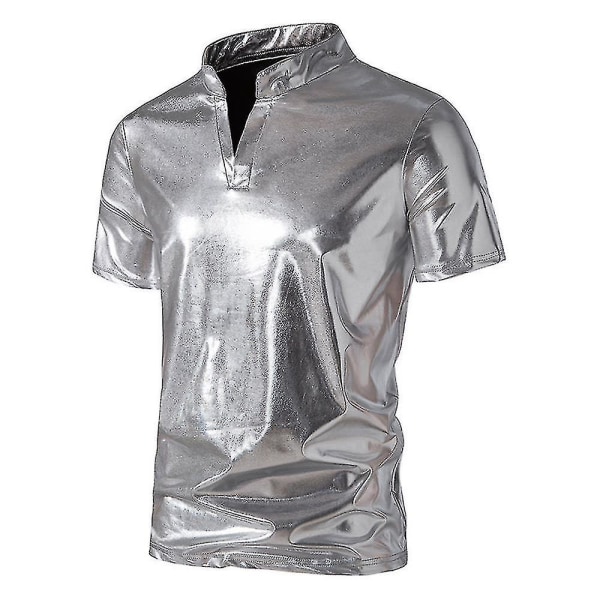 Menn V-hals Sparkle Kortermede skinnende poloskjorter 70-tallet 80-tallet Disco Party Uformelle T-skjorter T-skjorter Silver 2XL