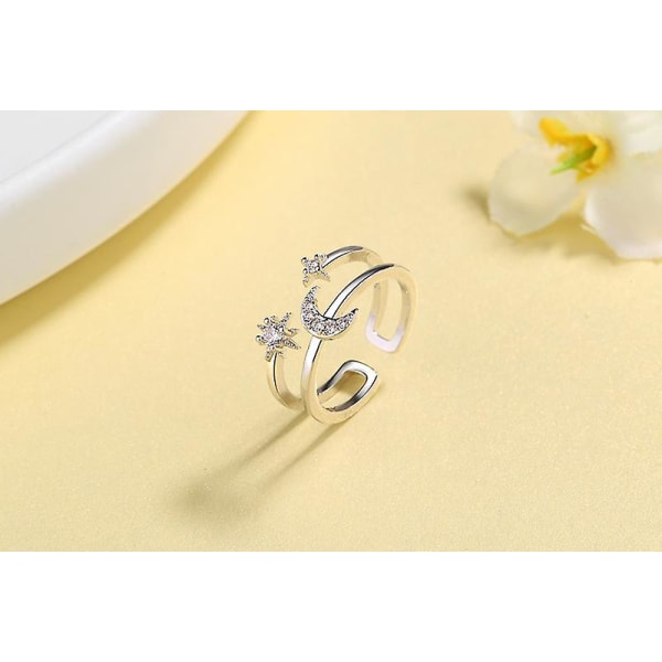 Dainty Crystal Astral Moon Åben Ring Diamant Justerbar Finger Tommelfinger Bånd Smykker Gaver Bb three layer