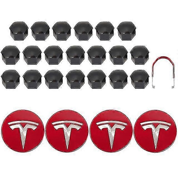 Tesla 3 Y S X Hjulkapselsett Senterkopp Nav Mutterdeksel Rød Grå Med 4 Senterkopper 20 Mutterdeksler Red Silver Bright