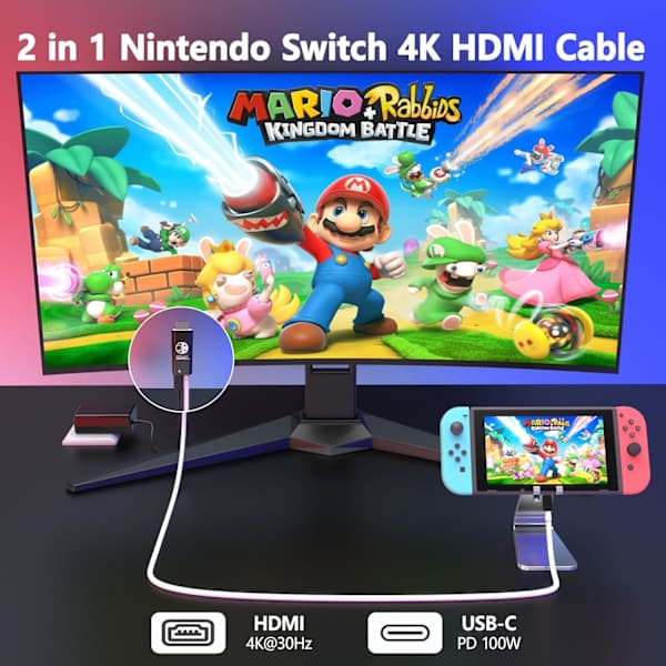 USB C til HDMI-kabel for Nintendo Switch/OLED, 3 i 1-kabel med