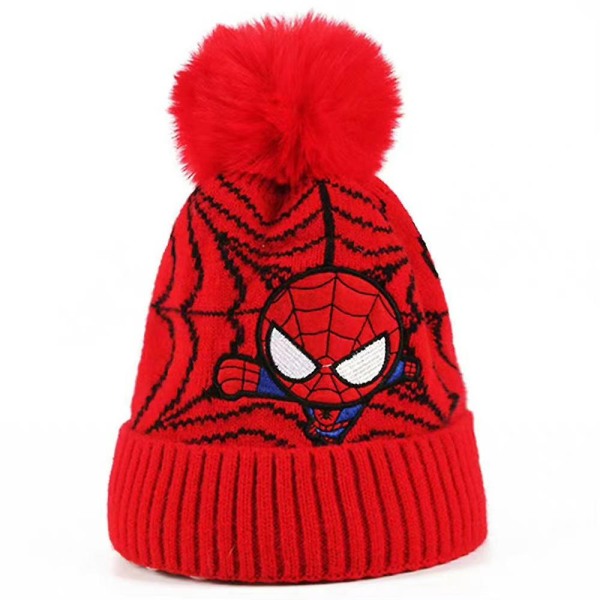 Barn Gutter Spiderman Lue Vinter Varm Pom Pom Tykk Strikket Ski Cap Red