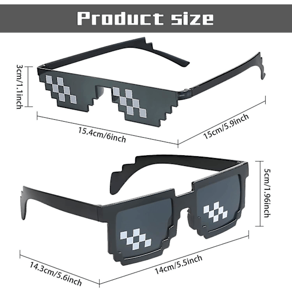 [3-pack] Thug Life solglasögon, glasögon för män och kvinnor 8 bit pixel mosaikglasögon fotorekvisita unisex solglasögonleksak - svart