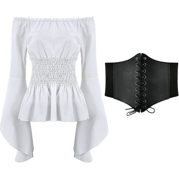 Renaissance bluse for kvinner Korsett midjebelte Middelaldersk viktoriansk off-skulder langermet skjorte Pirate Cosplay kostymer White XX-Large