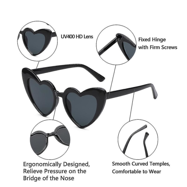 2 stk hjerteformede solbriller for kvinner Vintage Cat Eye solbriller Mod bryllup solbriller