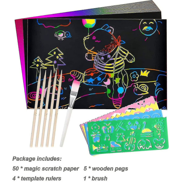 100 stk. Scratch Tegning For Børn Regnbue Scratch Art Paper Scratch Art Regnbue Scratch Sheets Sort Scratch Paper Scratch Board Tegneblok, med 8 St.