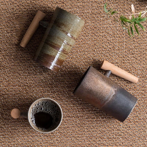 Nordic Earth Mugs Vintage keramisk kaffekrus i japansk stil med træhåndtag Matcha Green