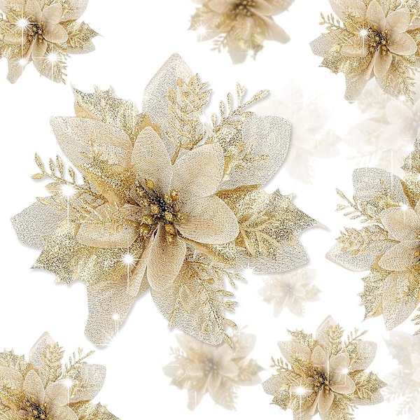 12 stk. Kunstige Julestjerner, Glitter Juleblomster til Bryllupsfest Juledekorationer (guld)