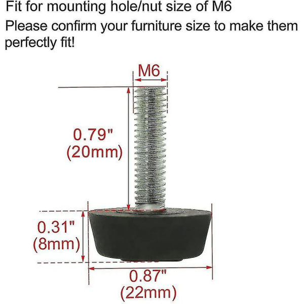 20 stk. Justerbare Nivelleringsføtter for Møbler, Møbelglidere, Bord- og Stolbensbeskyttelse, Gulvbeskyttelse, M6 X 22 X 22mm