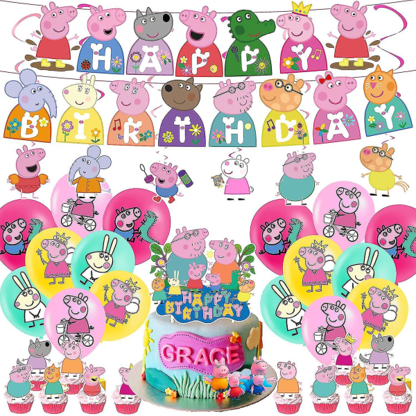 Pink Piggy-tema Bursdagsfestpynt Søt Pull Tabs Kakeinnsatser Ballonger Spiral Charms Invitasjonskort Set B