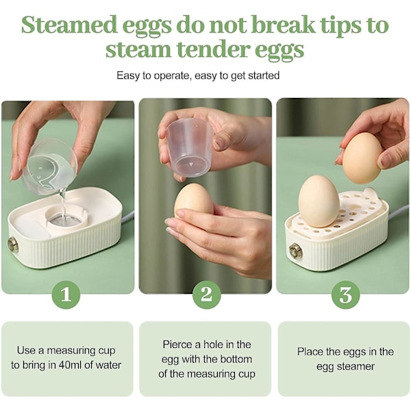 Eggkoker for 2 egg, Kompakt elektrisk eggdamper, Beste eggkoker koker alle tre kokegrader - Bløt, Medium, Hard Green