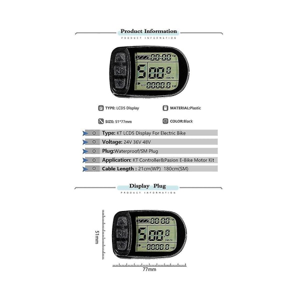 Ebike Kt-lcd5 skjerm 24v36v48v72v 5 pins / vanntett koblingsskjerm for elektrisk sykkel Intelli