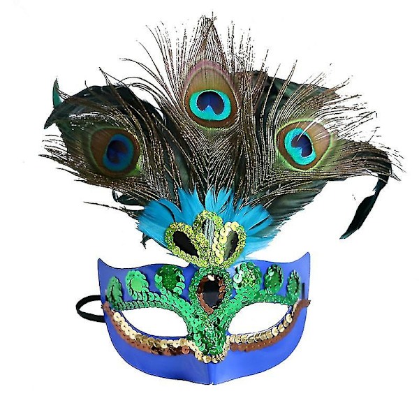 Dame Maskerade Påfuglfjær Maske, Karneval Party Maske (1 stk, Blå) Y