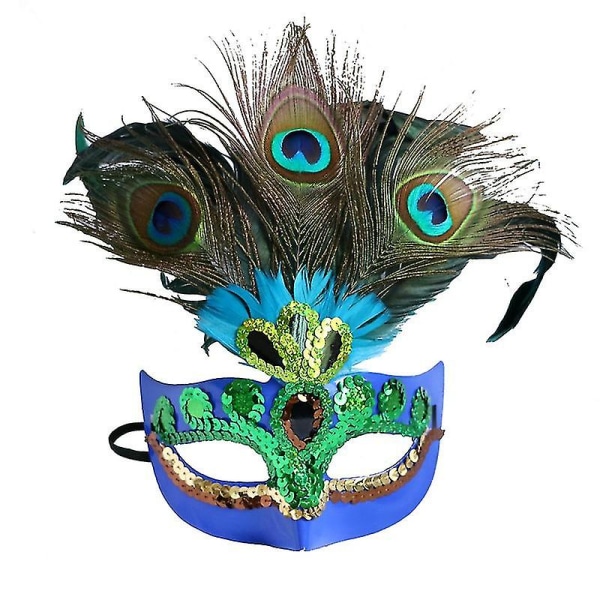 Damemaskerade påfuglfjærmaske, karnevalsfestmaske (1 stk, blå) Y