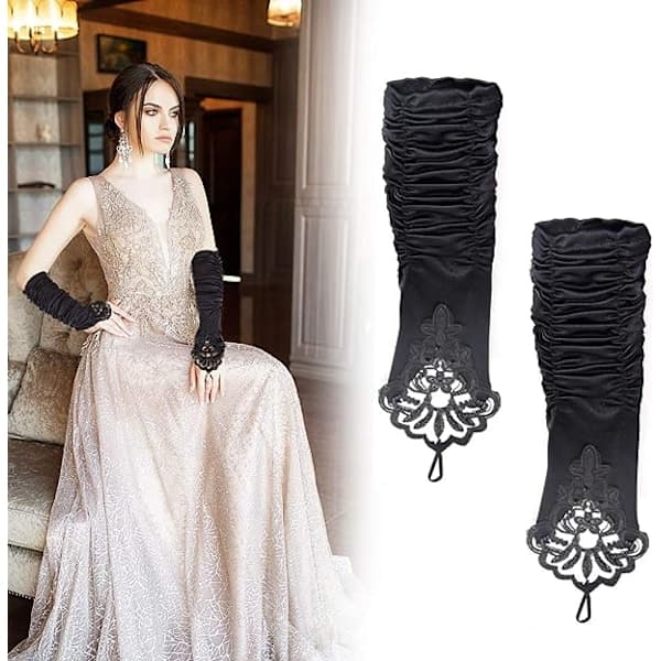 1 par lange elastiske fingerløse handsker til kvinder Spids Opera Aftenhandsker Satinhandsker til Halloweenfest, bryllup, koncert (sort)