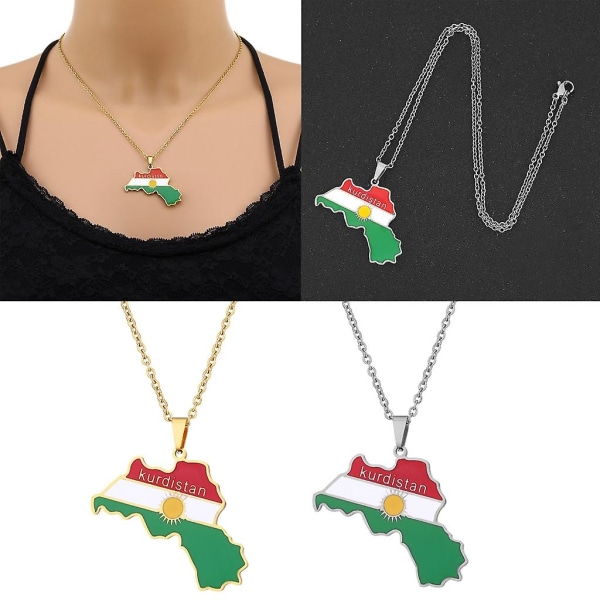 Mænd Guld Sølv Kurdistan Flag Kort Vedhæng Halskæde rustfrit stål smykker Silver